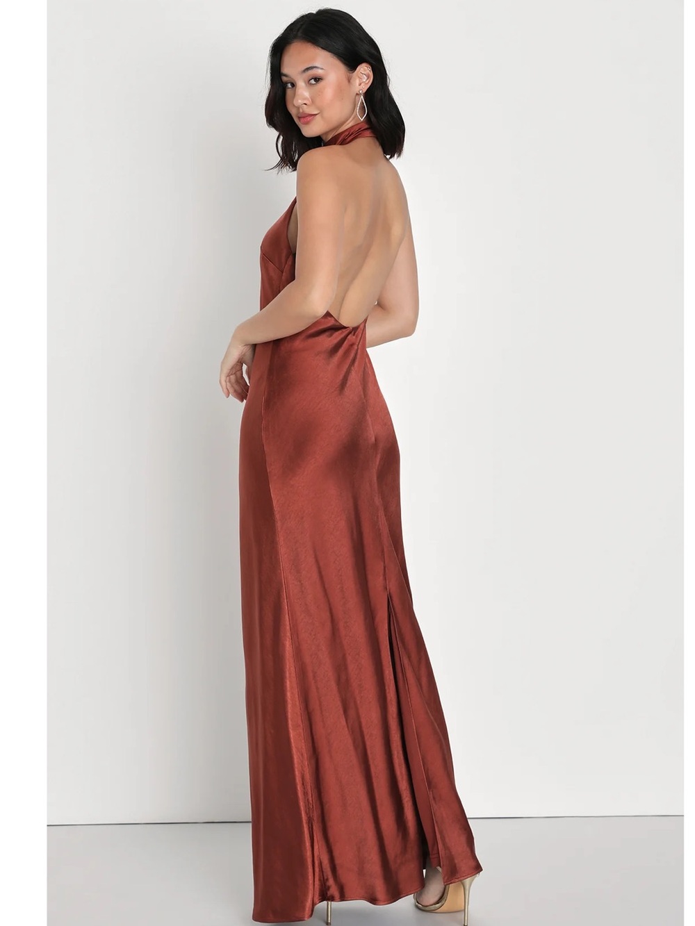 Lulus Love In Your Life Rust Brown Satin Halter Back Slit Backless Maxi Dress - Picture 2 of 13